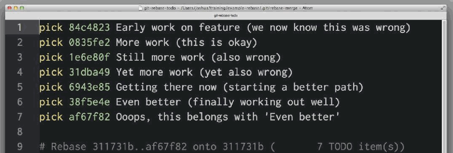 Interactive rebase todo commit list in text editor