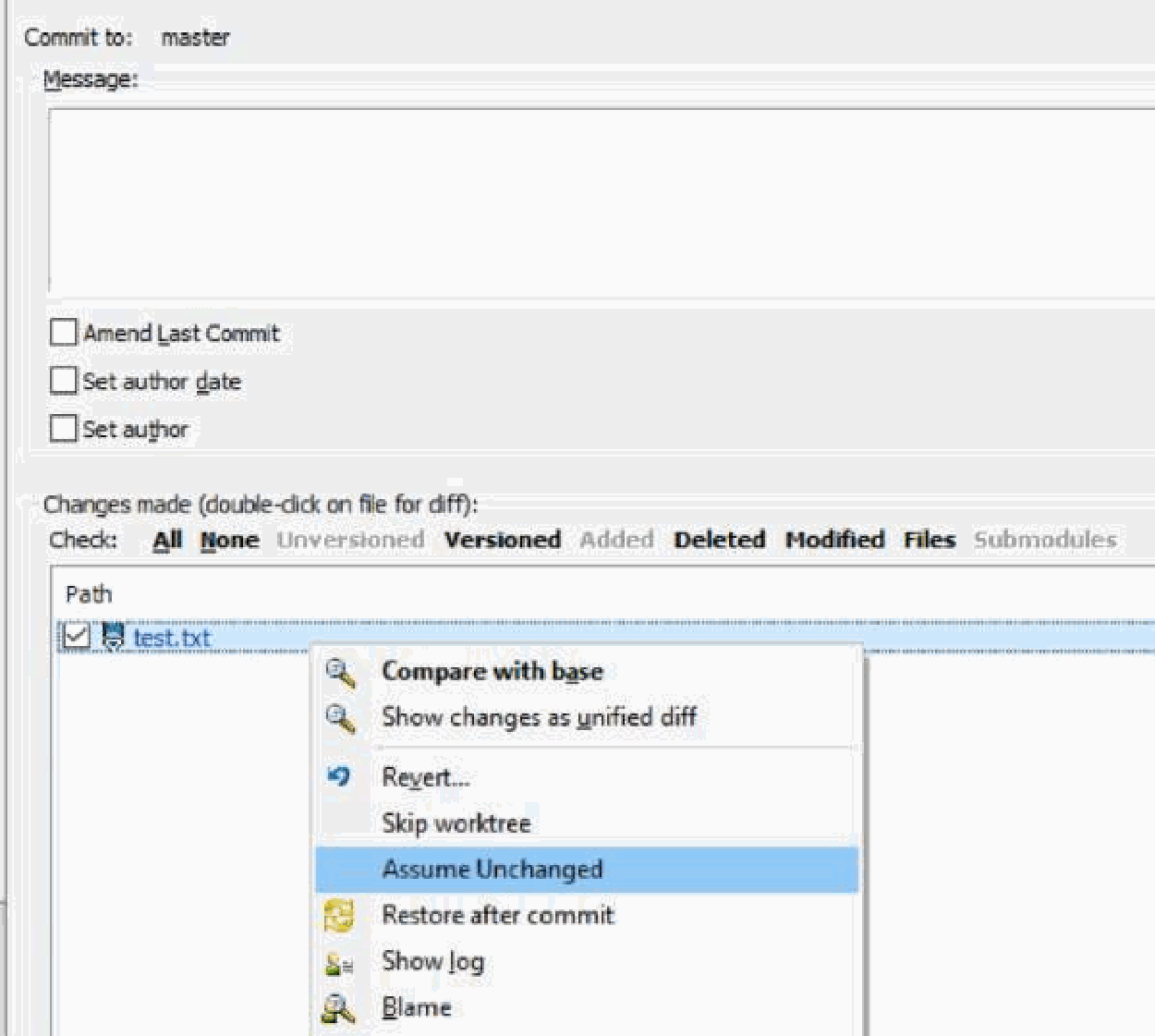 TortoiseGit assume unchanged context menu