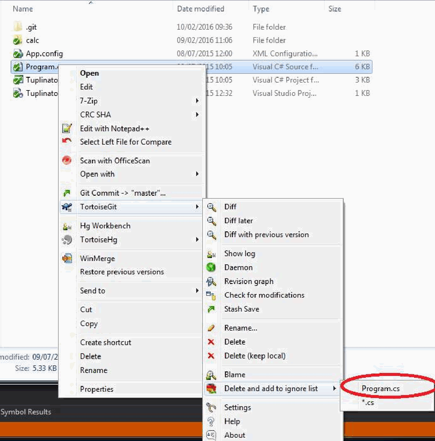 TortoiseGit delete and add to ignore list menu