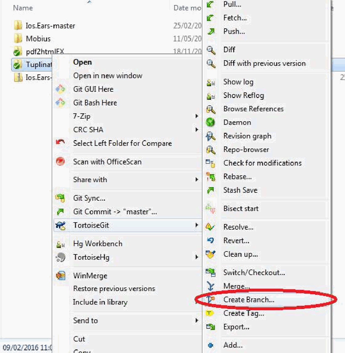 TortoiseGit create branch context menu option