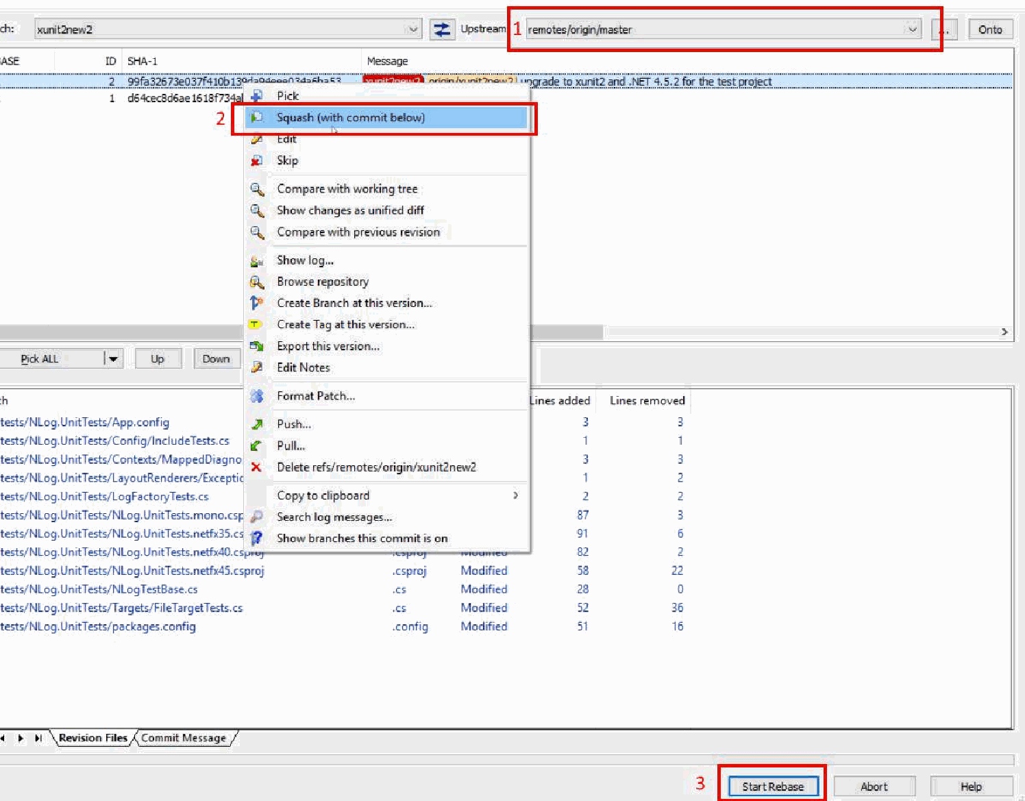 TortoiseGit rebase dialog with squash with commit below