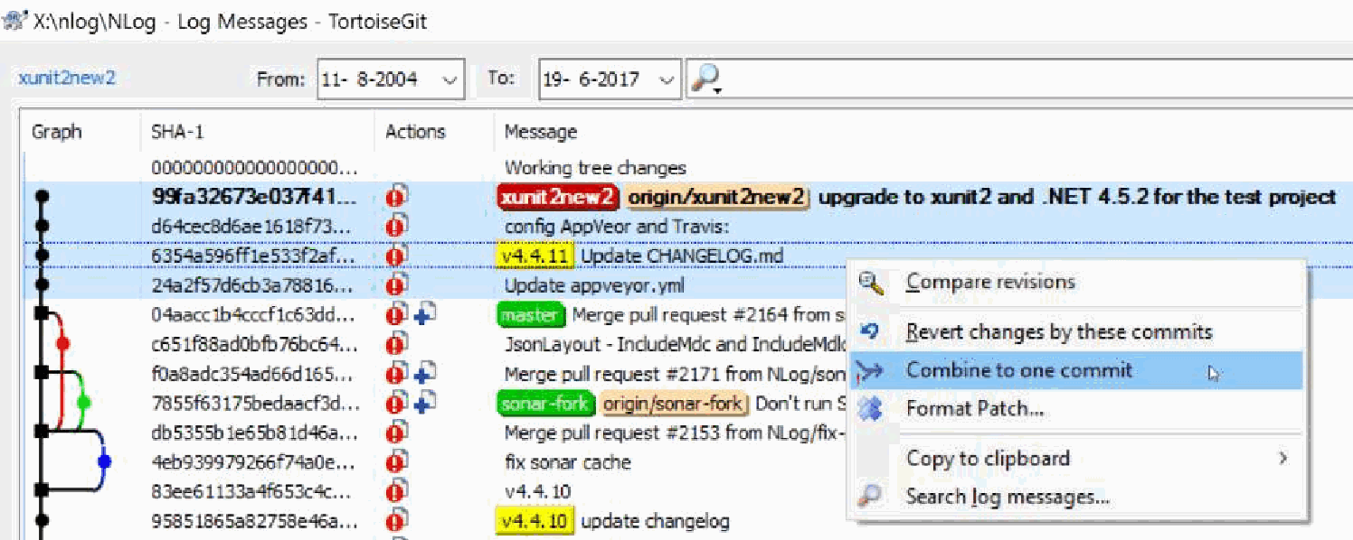 TortoiseGit log messages combine to one commit option