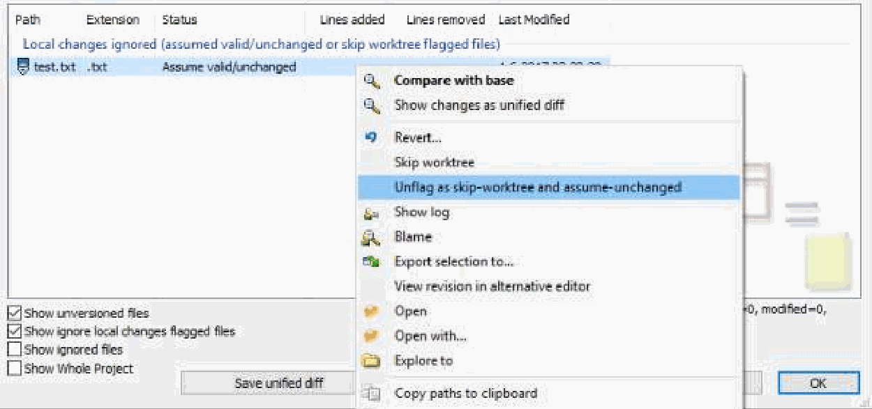 TortoiseGit unflag as skip-worktree and assume-unchanged